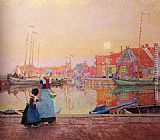 Famous Fishing Paintings - A Dutch Fishing-Village At Dusk With Figures On A Quay